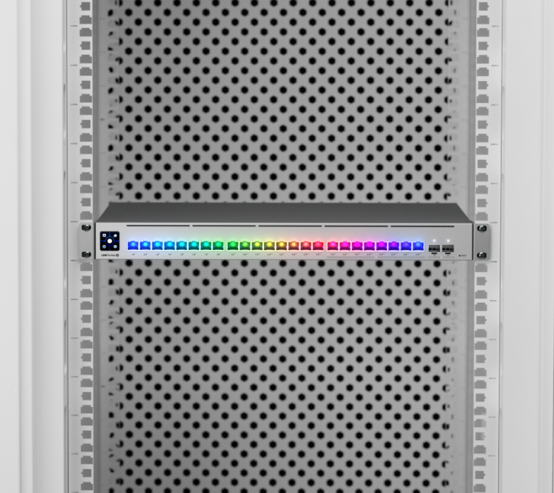 Ubiquiti USW-Pro-Max-24-PoE Switch UniFi cu 24 porturi multi-gigabit PoE++, dotat cu funcții de layer 3 și etherlighting.