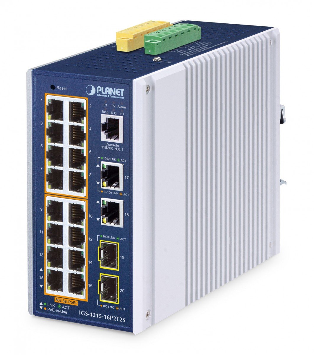 PLANET IP30 Industrial L2/L4 16-Port Gestionate L2/L4 Gigabit Ethernet (10/100/1000) Power over Ethernet (PoE) Suport Aluminiu, Albastru – PLANET IGS-4215-16P2T2S