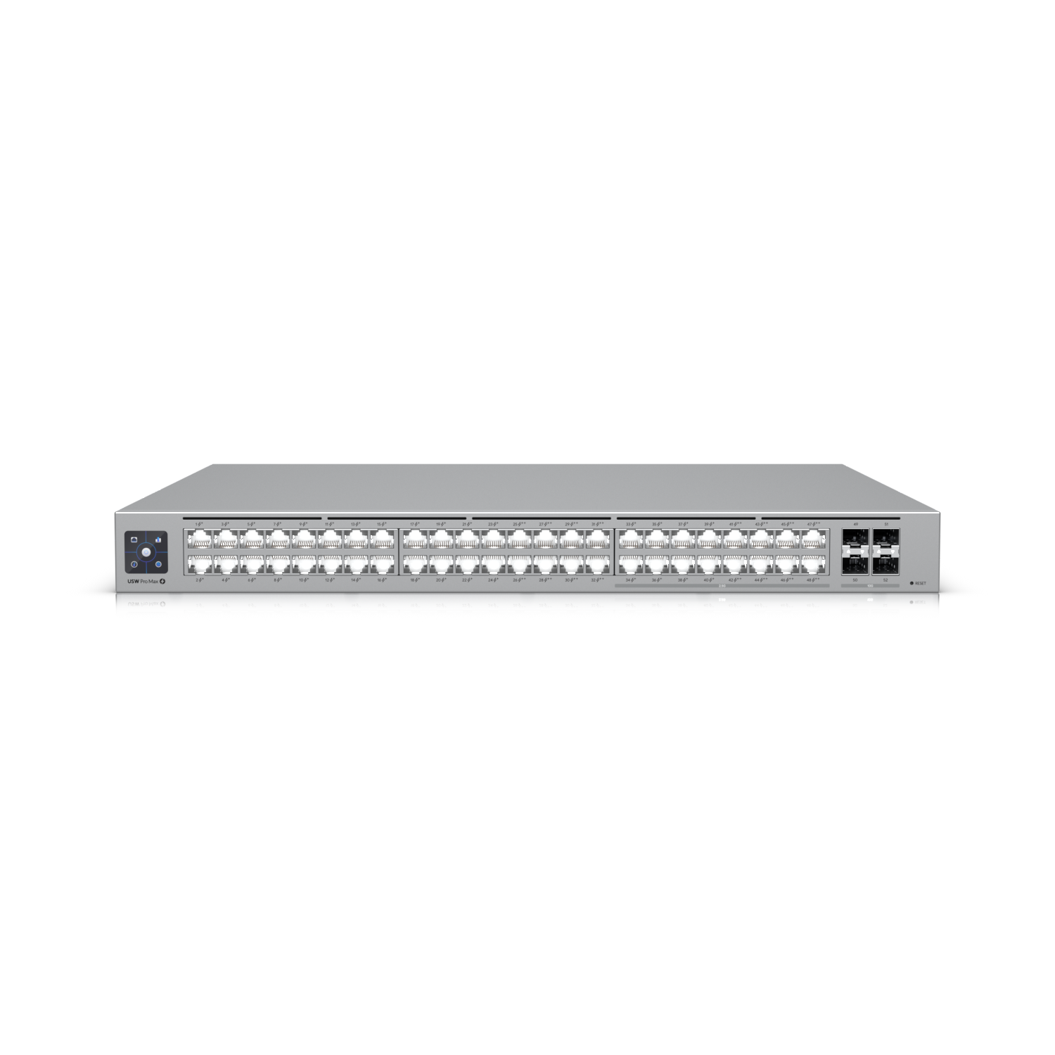 Ubiquiti USW-Pro-Max-48-PoE Switch UniFi cu 48 de porturi multi-gigabit PoE++, cu funcții layer3 și etherlighting.