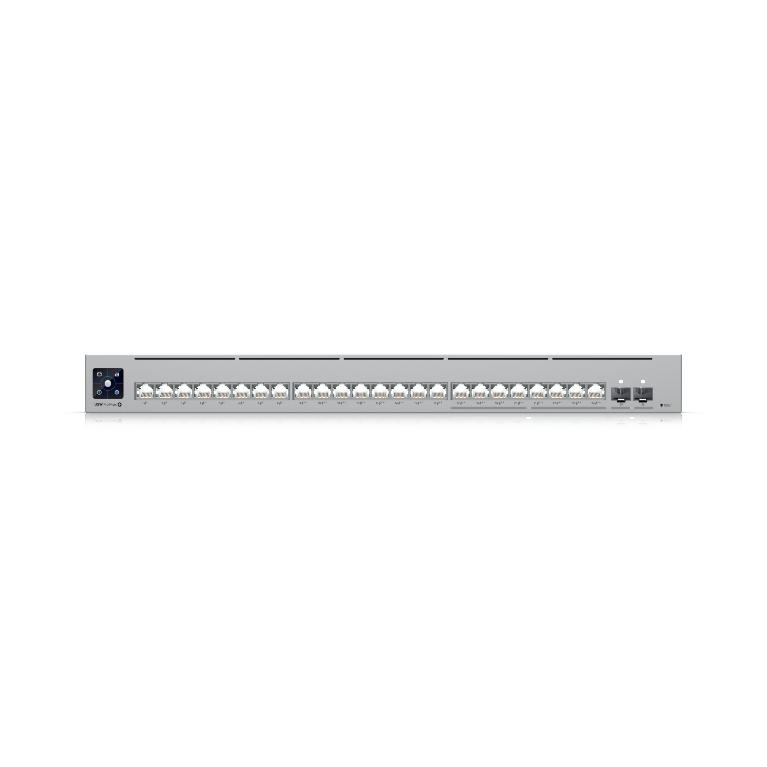 Ubiquiti USW-Pro-Max-24-PoE Switch UniFi cu 24 porturi multi-gigabit PoE++, dotat cu funcții de layer 3 și etherlighting.