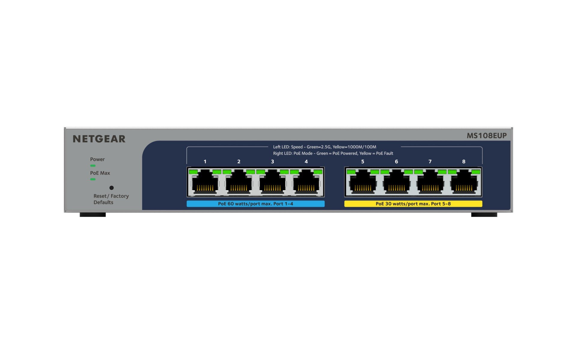 MS108EUP-100EUS | Netgear | NETGEAR 8-port Ultra60 PoE++ Multi-Gigabit (2.5G) Ethernet Plus Switch Fara management L2/L3 2.5G Ethernet (100/1000/2500) Power over Ethernet (PoE) Suport Gri NETGEAR 8-port Ultra60 PoE++ Multi-Gigabit (2.5G) Ethernet Plus Switch Fara management L2/L3 2.5G Ethernet (100/1000/2500) Power over Ethernet (PoE) Suport Gri