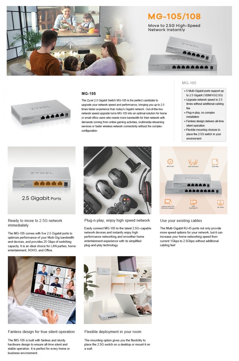 MG-105-ZZ0101F | ZyXEL | Zyxel MG-105 Fara management 2.5G Ethernet (100/1000/2500) Oțel Zyxel MG-105 Fara management 2.5G Ethernet (100/1000/2500) Oțel