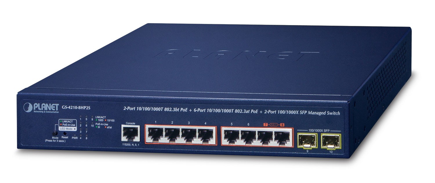 PLANET IPv6/IPv4, 2-Port Gestionate L2/L4 Gigabit Ethernet (10/100/1000) Power over Ethernet (PoE) Suport 1U Albastru