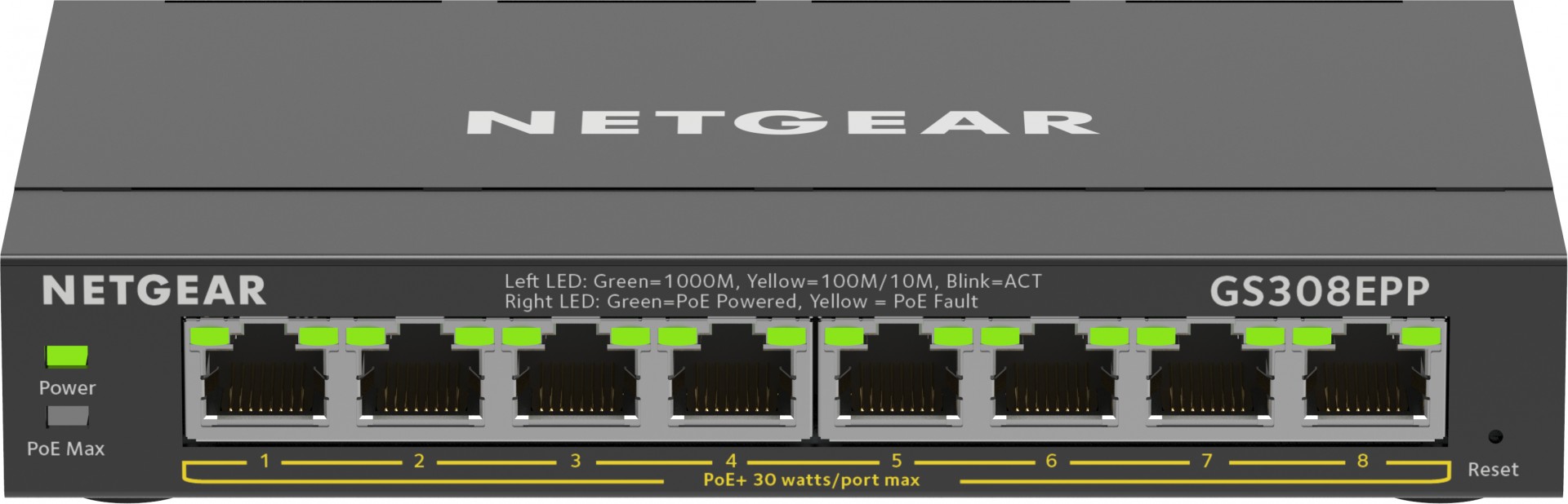 NETGEAR 8-Port Gigabit Ethernet High-Power PoE+ Plus Switch (GS308EPP) Gestionate L2/L3 Gigabit Ethernet (10/100/1000) Power over Ethernet (PoE) Suport Negru