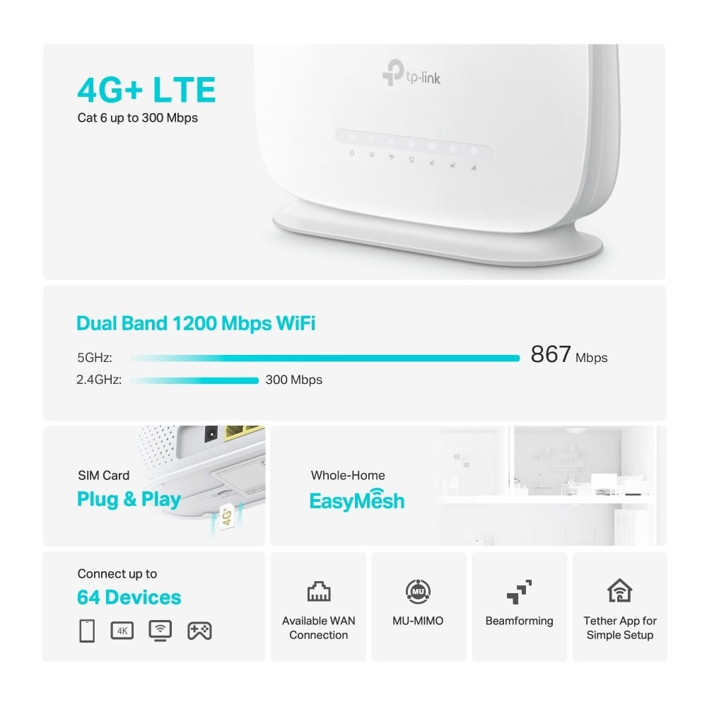 TP-Link Archer MR505 router wireless Gigabit Ethernet Bandă dublă (2.4 GHz/ 5 GHz) 4G Alb