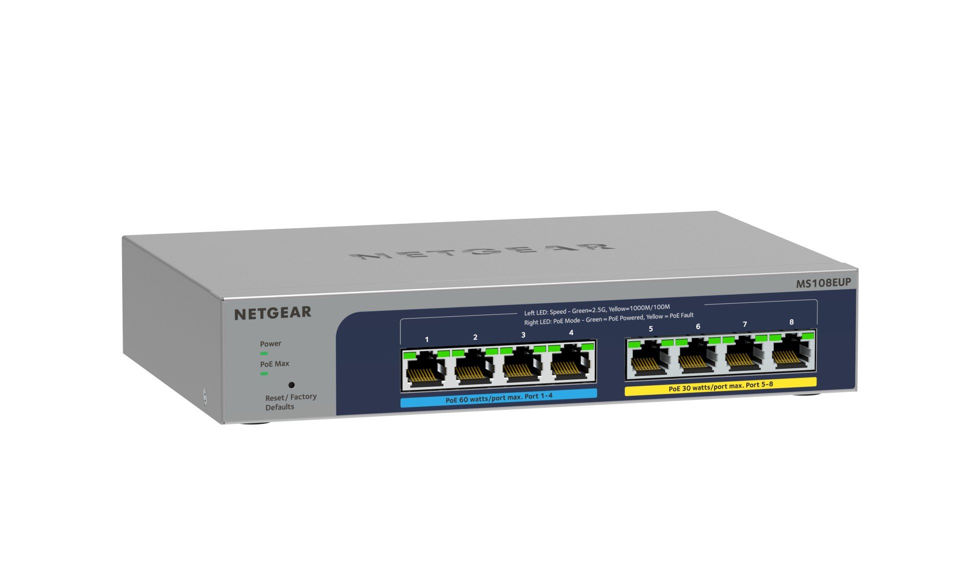 MS108EUP-100EUS | Netgear | NETGEAR 8-port Ultra60 PoE++ Multi-Gigabit (2.5G) Ethernet Plus Switch Fara management L2/L3 2.5G Ethernet (100/1000/2500) Power over Ethernet (PoE) Suport Gri NETGEAR 8-port Ultra60 PoE++ Multi-Gigabit (2.5G) Ethernet Plus Switch Fara management L2/L3 2.5G Ethernet (100/1000/2500) Power over Ethernet (PoE) Suport Gri
