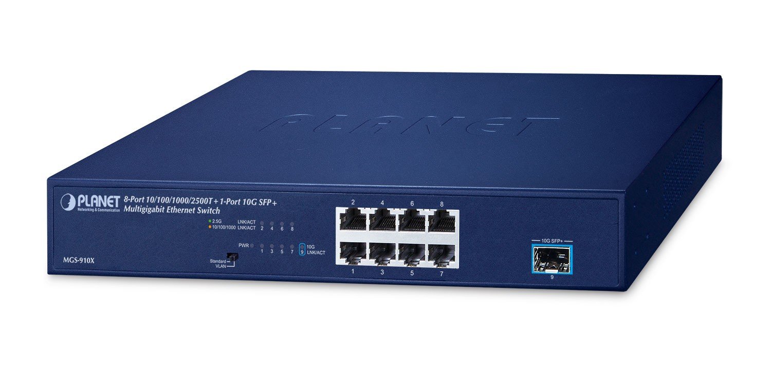 MGS-910X | PLANET | Planet MGS-910X 8-Port 10/100/1000/2500T + 1-Port 10G SFP+ Multigigabit Ethernet Switch (Fanless design, Standard/VLAN mode, desktop size with rackmount kit) Planet MGS-910X 8-Port 10/100/1000/2500T + 1-Port 10G SFP+ Multigigabit Ethernet Switch (Fanless design, Standard/VLAN mode, desktop size with rackmount kit)