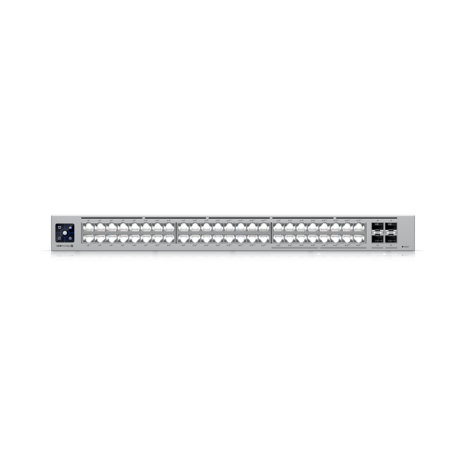 Ubiquiti USW-Pro-Max-48-PoE Switch UniFi cu 48 de porturi multi-gigabit PoE++, cu funcții layer3 și etherlighting.