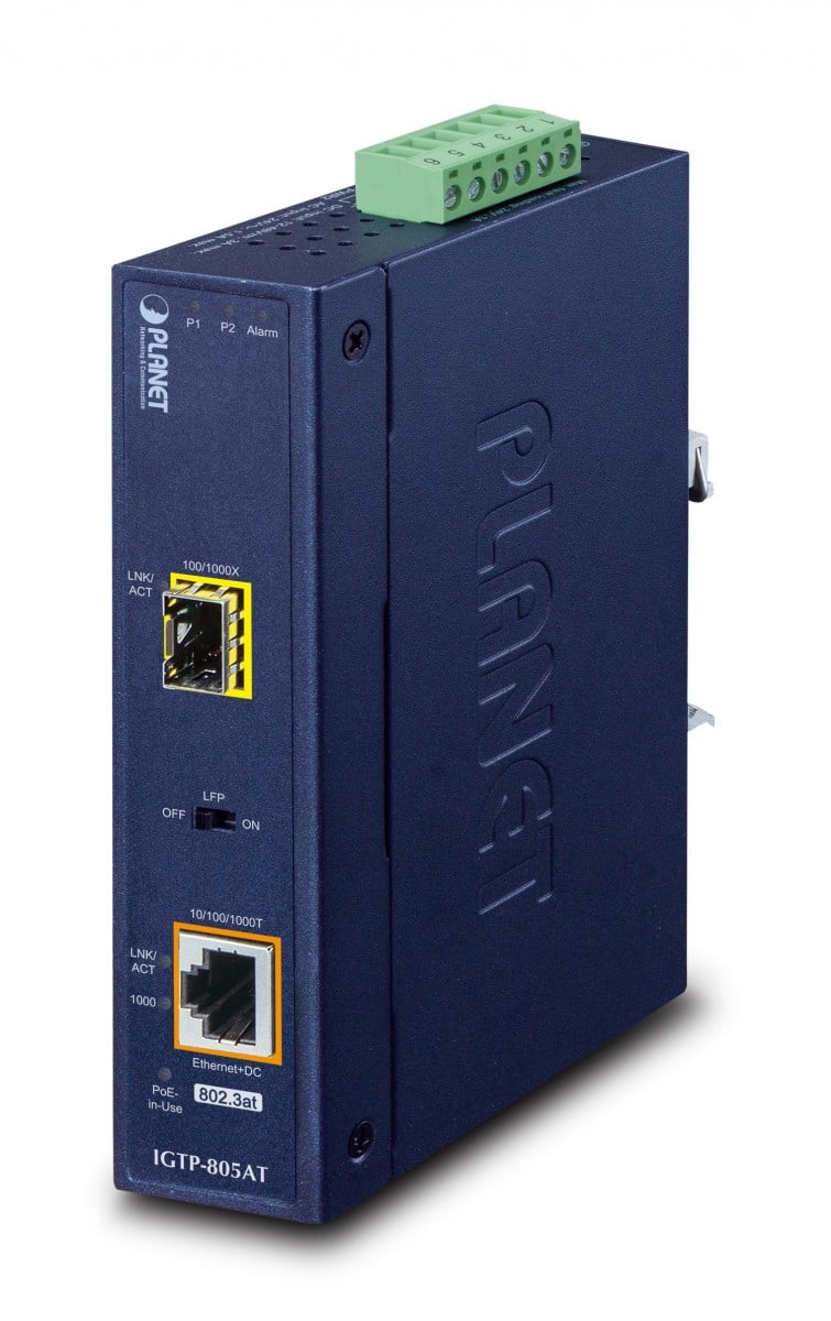 PLANET IGTP-805AT – PLANET IGTP-805AT Convertor Media Industrial Gigabit 10/100/1000BASE-T ↔ SFP + PoE+ PLANET IGTP-805AT Convertor Media Industrial Gigabit 10/100/1000BASE-T ↔ SFP + PoE+ – PLANET IGTP-805AT