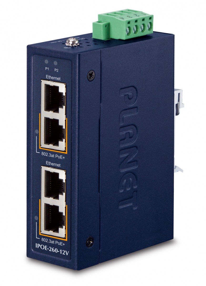 PLANET Industrial 2-port 10/100/1000T Gigabit Ethernet (10/100/1000) Power over Ethernet (PoE) Suport Albastru