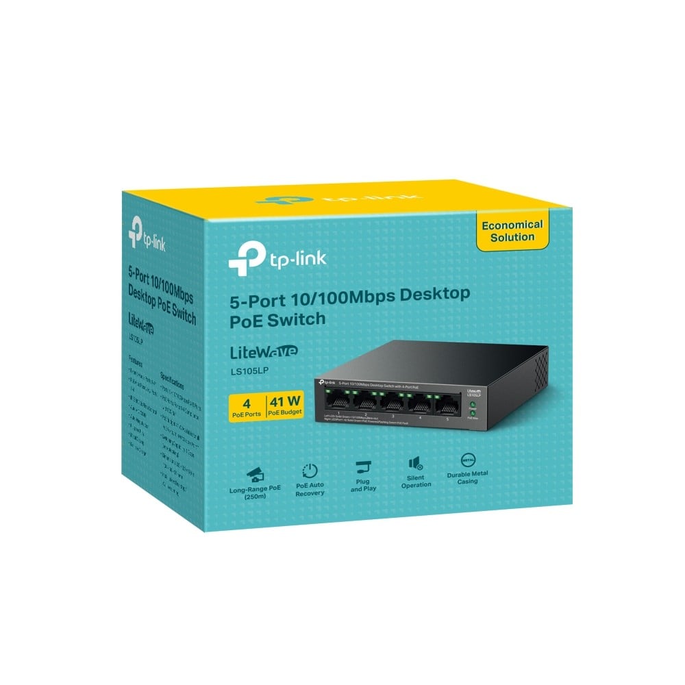 Switch LiteWave, 5 porturi RJ45 10/100Mbps, 4xPoE+, Unmanaged - TP-Link LS105LP
