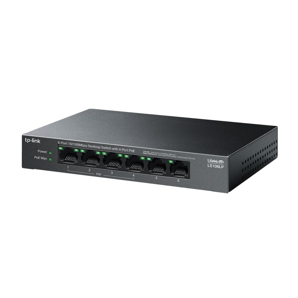Switch LiteWave, 4 x RJ45 10/100 Mbps PoE, 2 x RJ45 10/100 Mbps, Buget PoE 41W, Unmanaged - TP-Link LS106LP