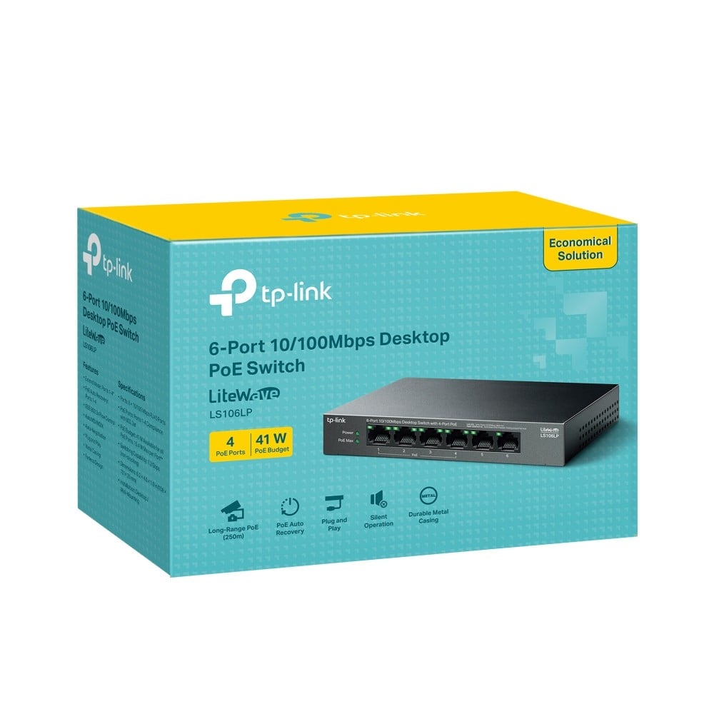Switch LiteWave, 4 x RJ45 10/100 Mbps PoE, 2 x RJ45 10/100 Mbps, Buget PoE 41W, Unmanaged - TP-Link LS106LP