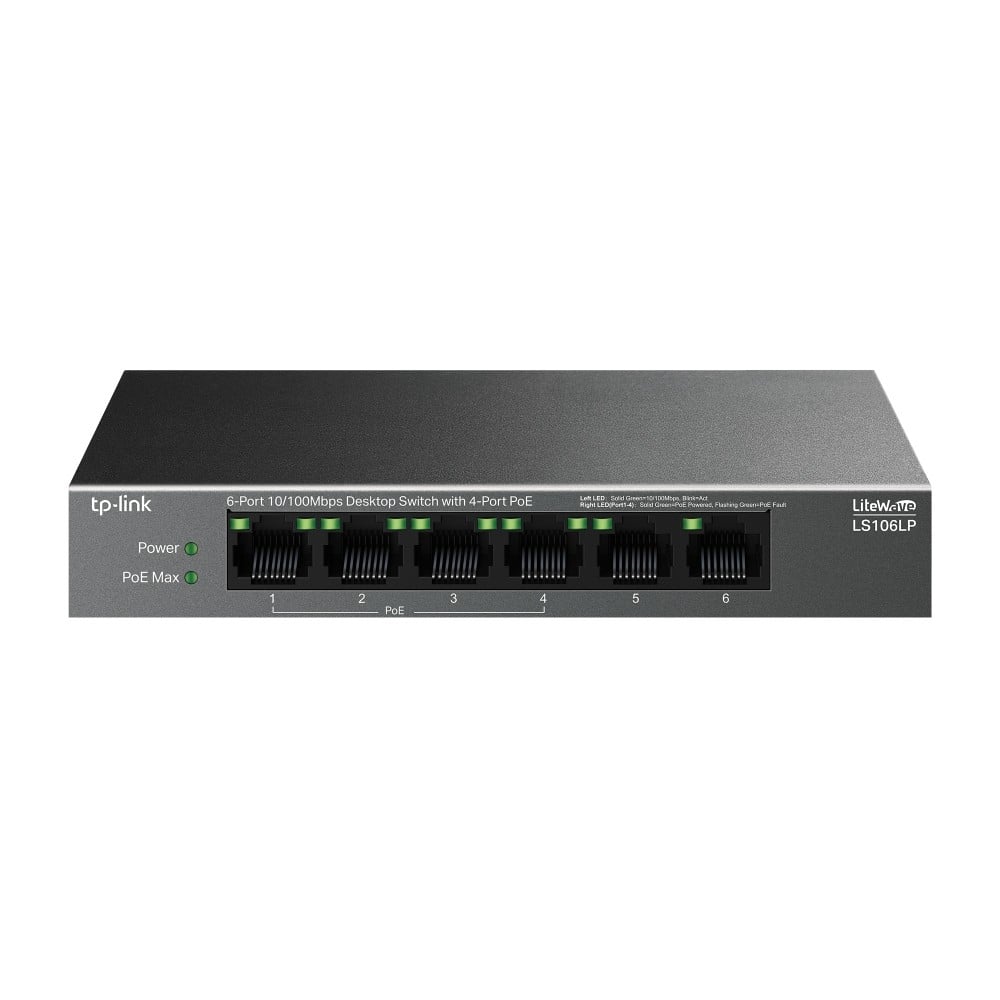 Switch LiteWave, 4 x RJ45 10/100 Mbps PoE, 2 x RJ45 10/100 Mbps, Buget PoE 41W, Unmanaged - TP-Link LS106LP