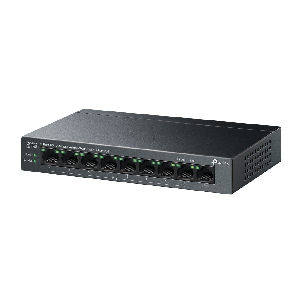 Switch LiteWave, 8 x RJ45 10/100 Mbps PoE, 1 x RJ45 10/100 Mbps, Buget PoE 63W, Unmanaged - TP-Link LS109P