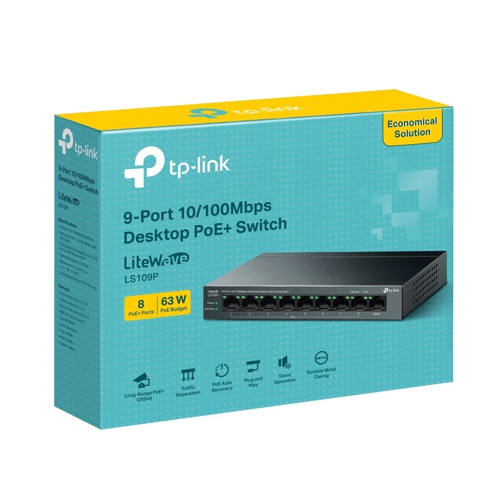 Switch LiteWave, 8 x RJ45 10/100 Mbps PoE, 1 x RJ45 10/100 Mbps, Buget PoE 63W, Unmanaged - TP-Link LS109P