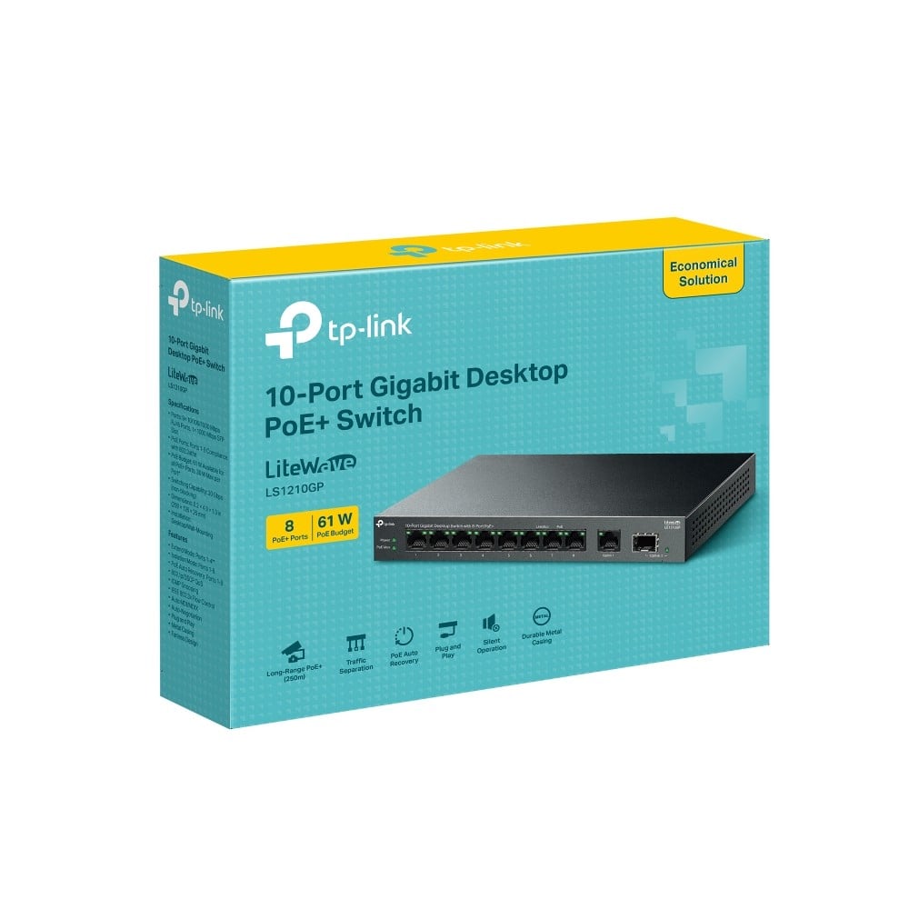 Switch LiteWave, 8 x RJ45 1G PoE, 1 x SFP 1G, 1 x RJ45 1G, Buget PoE 61W, Unmanaged - TP-Link LS1210GP
