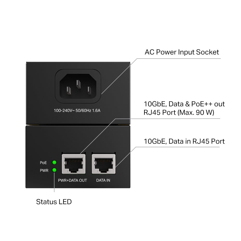 POE380S | TP-LINK | Injector Hi-PoE, 2 x RJ45 10G, 90W - TP-Link Omada POE380S Injector Hi-PoE, 2 x RJ45 10G, 90W - TP-Link Omada POE380S