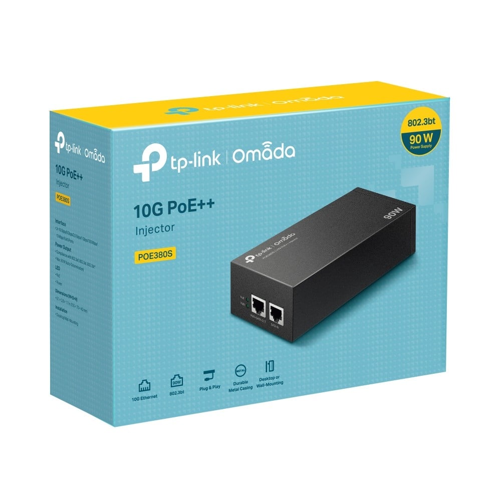 POE380S | TP-LINK | Injector Hi-PoE, 2 x RJ45 10G, 90W - TP-Link Omada POE380S Injector Hi-PoE, 2 x RJ45 10G, 90W - TP-Link Omada POE380S