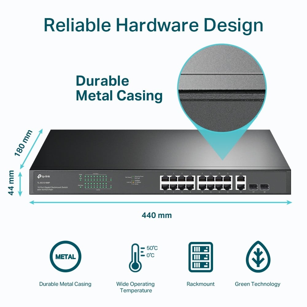Switch 16 porturi PoE+ Gigabit, 2 porturi RJ45 Gigabit, 2 x Combo SFP Gigabit, Unmanaged - TP-Link TL-SG1218MP