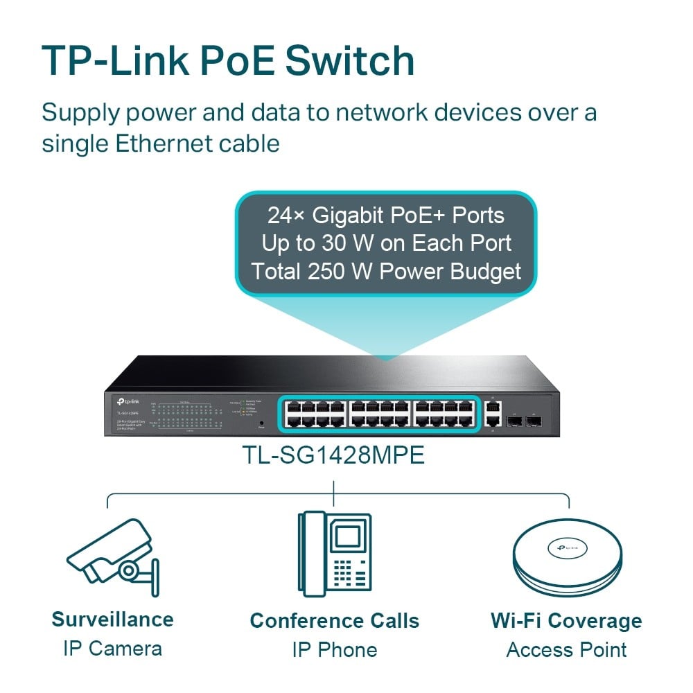 TL-SG1428PE | TP-LINK | Switch 24 porturi PoE+ Gigabit, 2 porturi RJ45 Gigabit, 2 x SFP Gigabit, Managed - TP-Link TL-SG1428PE Switch 24 porturi PoE+ Gigabit, 2 porturi RJ45 Gigabit, 2 x SFP Gigabit, Managed - TP-Link TL-SG1428PE