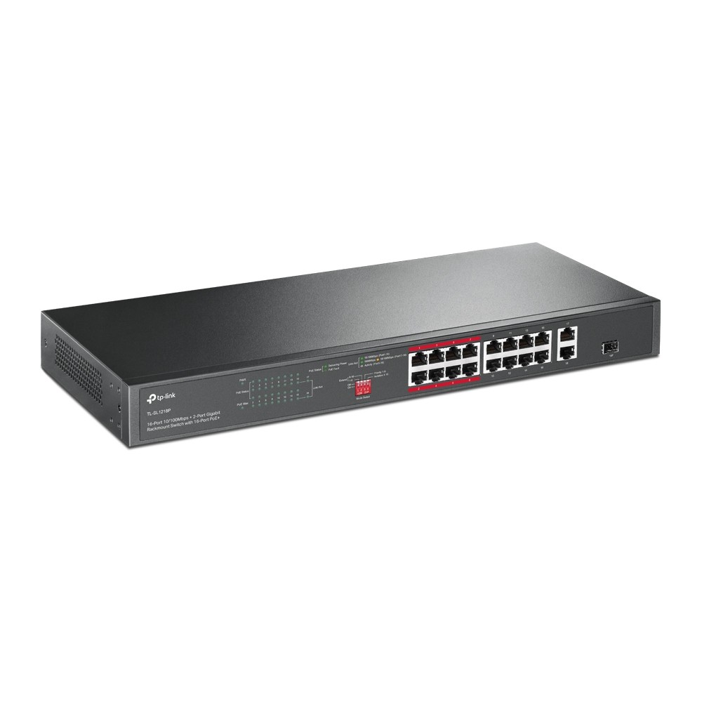 TL-SL1218P | TP-LINK | Switch 16 x RJ45 10/100 Mbps PoE, 2 x RJ45 1G, 1 x combo SFP 1G, Buget PoE 150W, Unmanaged - TP-Link TL-SL1218P Switch 16 x RJ45 10/100 Mbps PoE, 2 x RJ45 1G, 1 x combo SFP 1G, Buget PoE 150W, Unmanaged - TP-Link TL-SL1218P