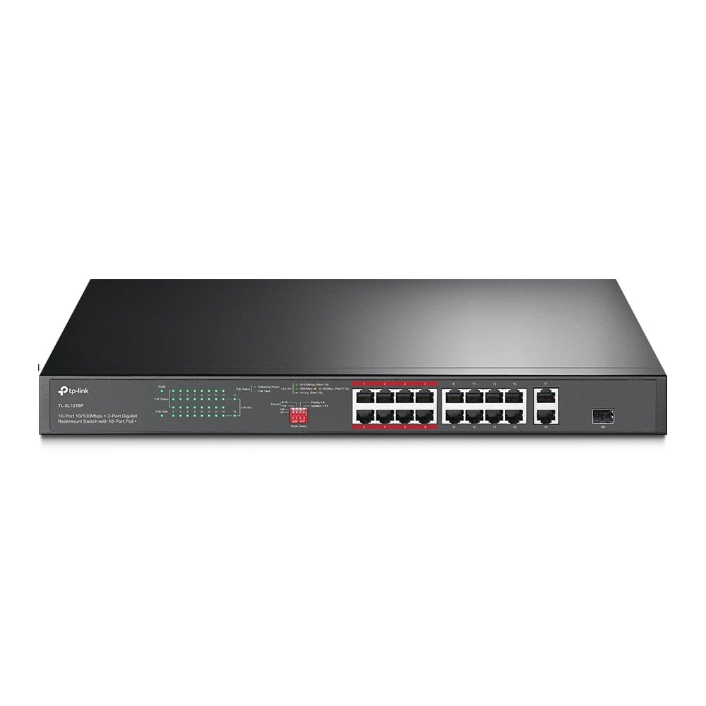 TL-SL1218P | TP-LINK | Switch 16 x RJ45 10/100 Mbps PoE, 2 x RJ45 1G, 1 x combo SFP 1G, Buget PoE 150W, Unmanaged - TP-Link TL-SL1218P Switch 16 x RJ45 10/100 Mbps PoE, 2 x RJ45 1G, 1 x combo SFP 1G, Buget PoE 150W, Unmanaged - TP-Link TL-SL1218P
