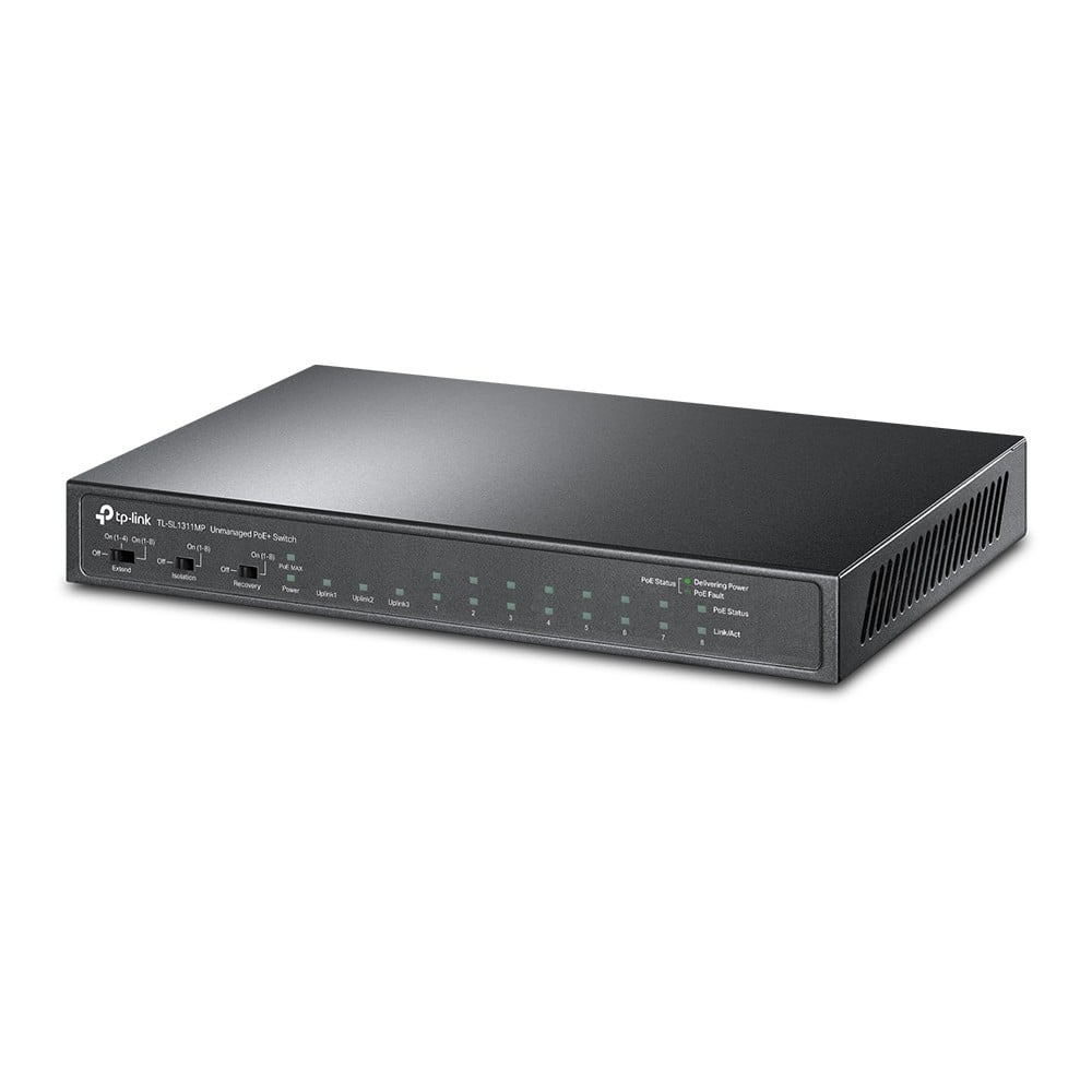 TL-SL1311MP | TP-LINK | Switch 8 x RJ45 10/100 Mbps PoE, 2 x RJ45 1G, 1 x SFP 1G, Buget PoE 124W, Unmanaged - TP-Link TL-SL1311MP Switch 8 x RJ45 10/100 Mbps PoE, 2 x RJ45 1G, 1 x SFP 1G, Buget PoE 124W, Unmanaged - TP-Link TL-SL1311MP