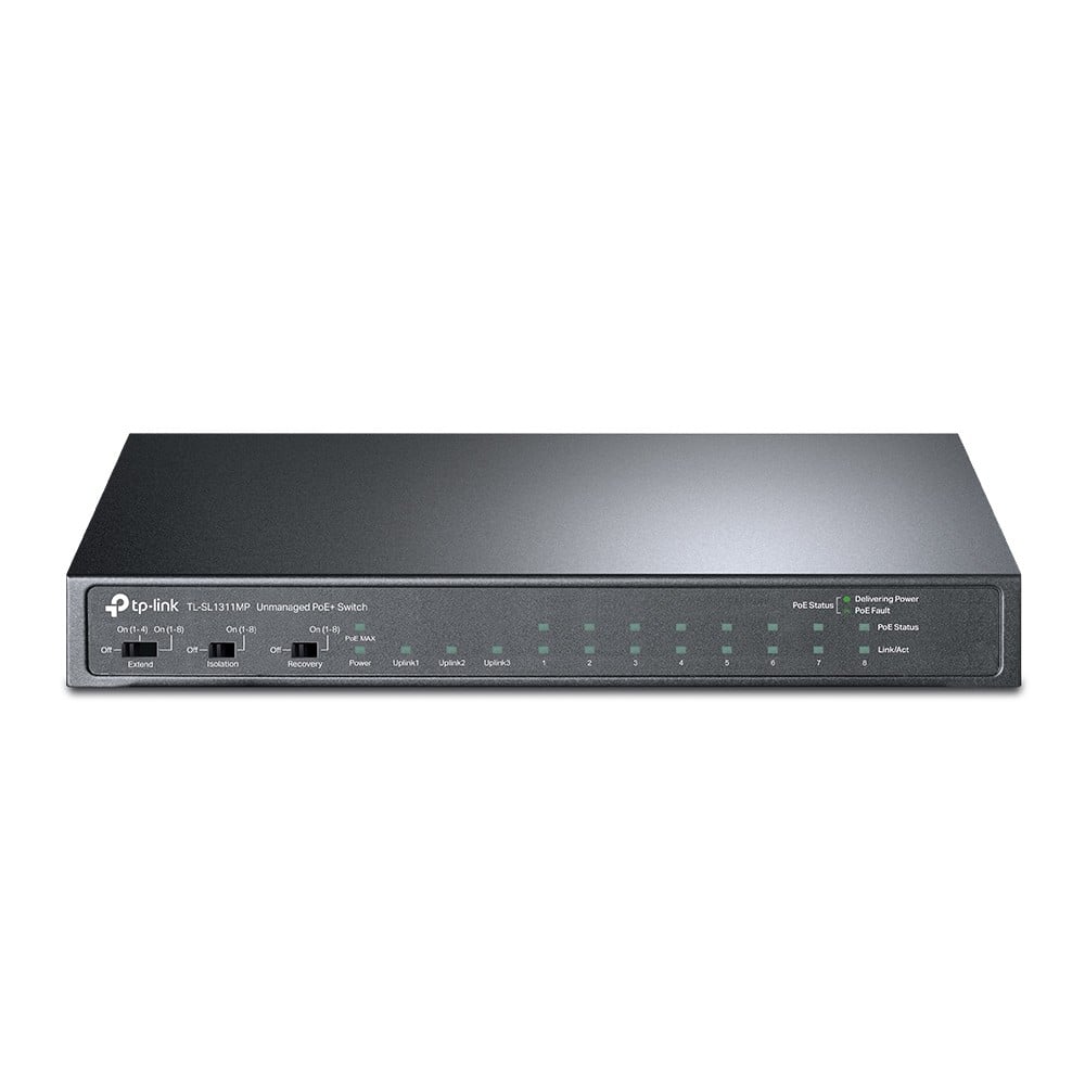 TL-SL1311MP | TP-LINK | Switch 8 x RJ45 10/100 Mbps PoE, 2 x RJ45 1G, 1 x SFP 1G, Buget PoE 124W, Unmanaged - TP-Link TL-SL1311MP Switch 8 x RJ45 10/100 Mbps PoE, 2 x RJ45 1G, 1 x SFP 1G, Buget PoE 124W, Unmanaged - TP-Link TL-SL1311MP