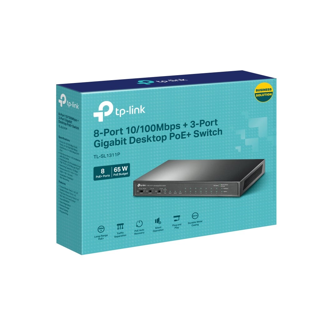 TL-SL1311P | TP-LINK | Switch 8 x RJ45 10/100 Mbps PoE, 2 x RJ45 1G, 1 x SFP 1G, Buget PoE 65W, Unmanaged - TP-Link TL-SL1311P Switch 8 x RJ45 10/100 Mbps PoE, 2 x RJ45 1G, 1 x SFP 1G, Buget PoE 65W, Unmanaged - TP-Link TL-SL1311P